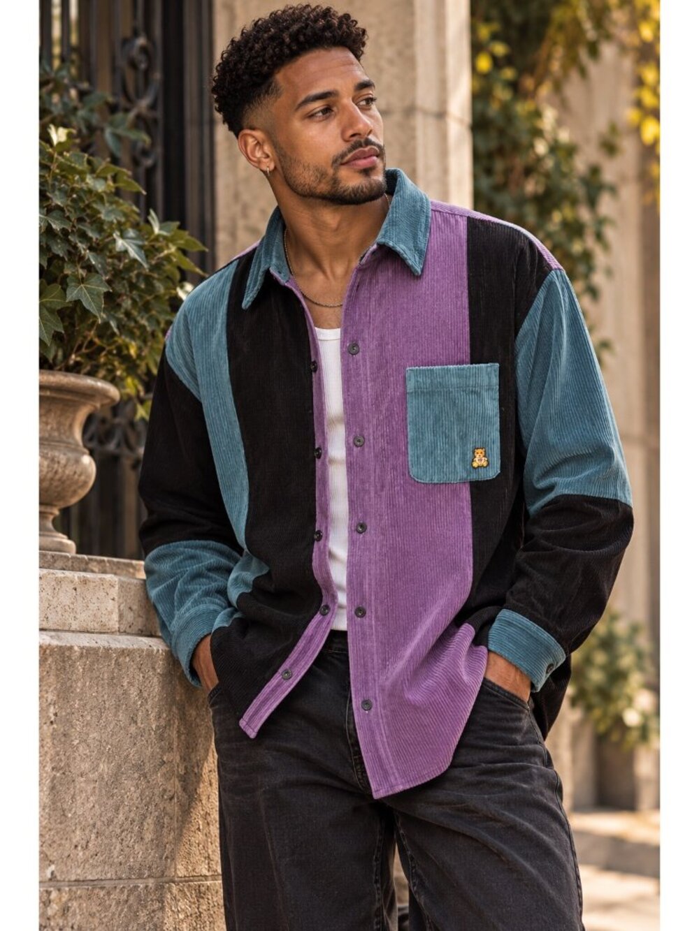 Teddy Fresh Colorblock Corduroy Shirt Men’s Large Purple Teal Black Bear